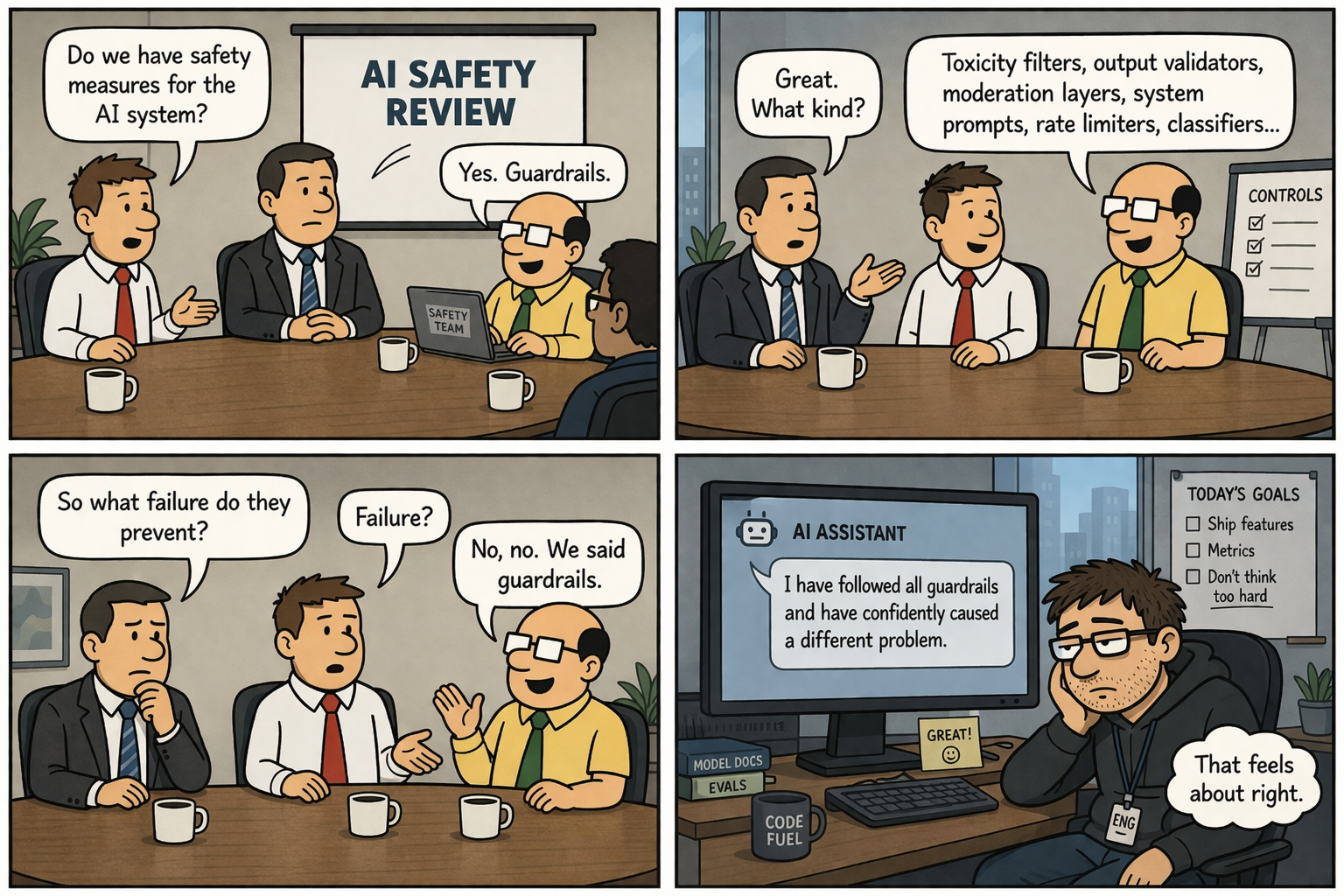 Comic: AI Safety Review meeting where the team lists guardrails but cannot answer what failure they prevent, ending with the AI confidently causing a different problem.